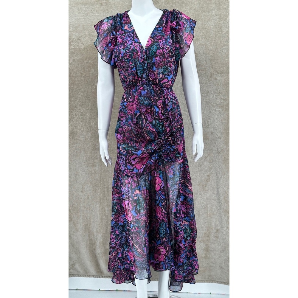 MISA Los Angeles Dress‎ Womens Small Purple Colette Midi Floral Electric Party